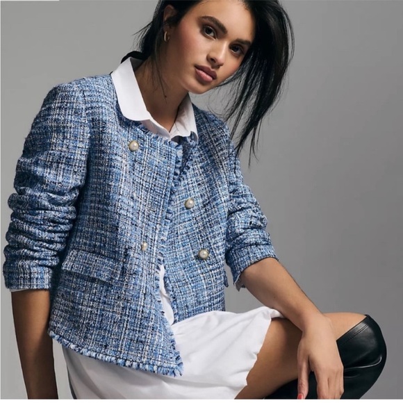 Maeve Jackets & Blazers - ANTHROPOLOGIE Maeve Double Breasted Tweed Blazer Cropped Size 6 Blue White